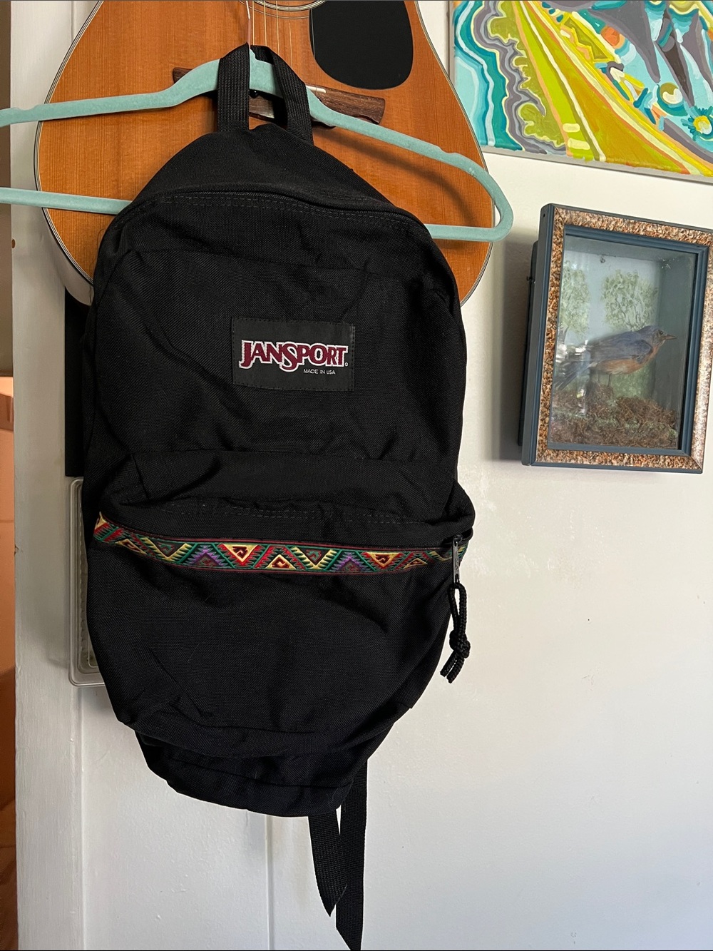 Vintage Jansport Black Backpack with Multicolor Aztec Trim 1990s Made in USA
